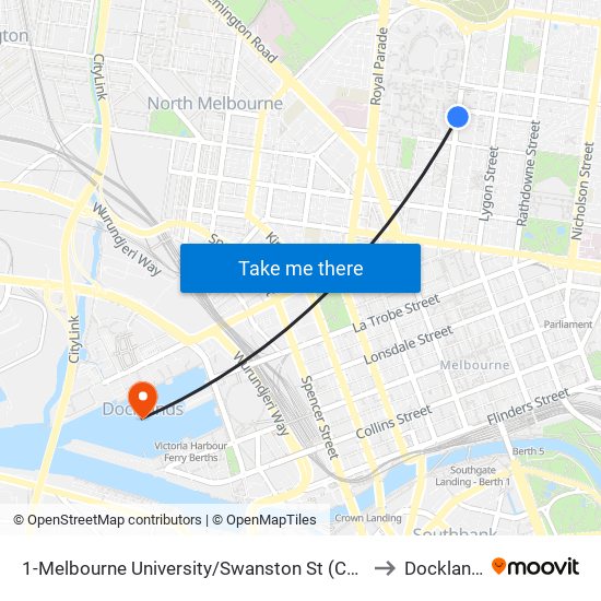 1-Melbourne University/Swanston St (Carlton) to Docklands map