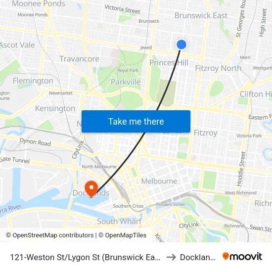 Weston St/Lygon St #121 to Docklands map