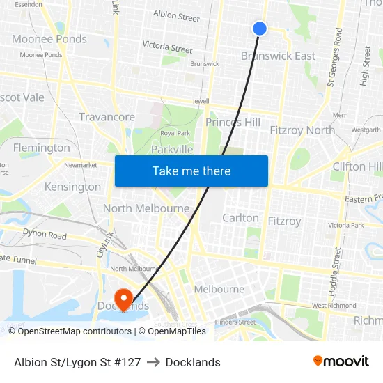 Albion St/Lygon St #127 to Docklands map