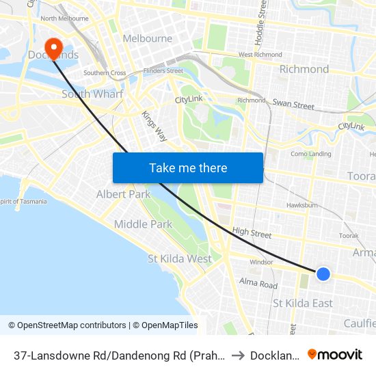 37-Lansdowne Rd/Dandenong Rd (Prahran) to Docklands map