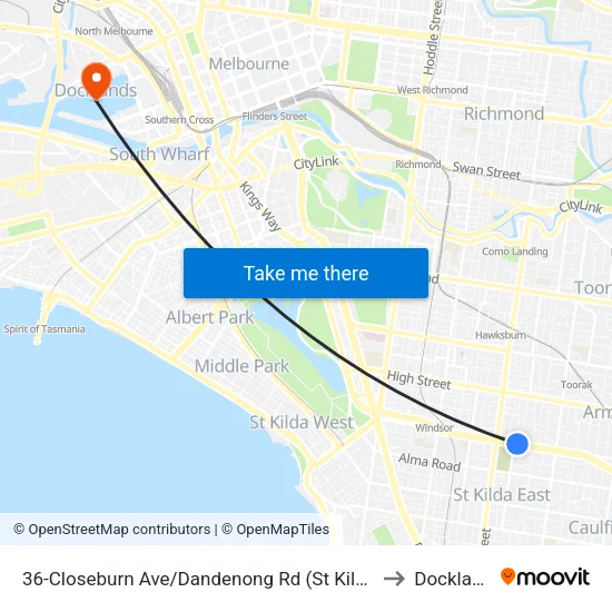 Closeburn Ave/Dandenong Rd #36 to Docklands map