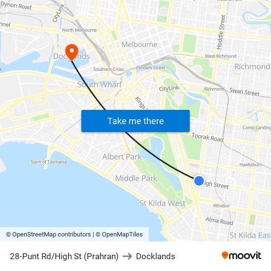 28-Punt Rd/High St (Prahran) to Docklands map