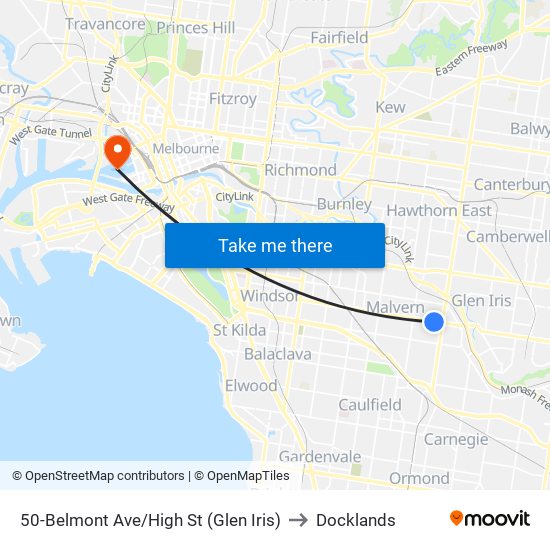 50-Belmont Ave/High St (Glen Iris) to Docklands map
