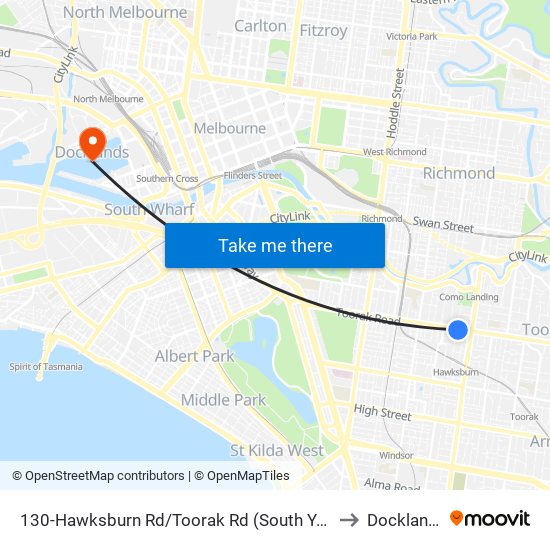 130-Hawksburn Rd/Toorak Rd (South Yarra) to Docklands map