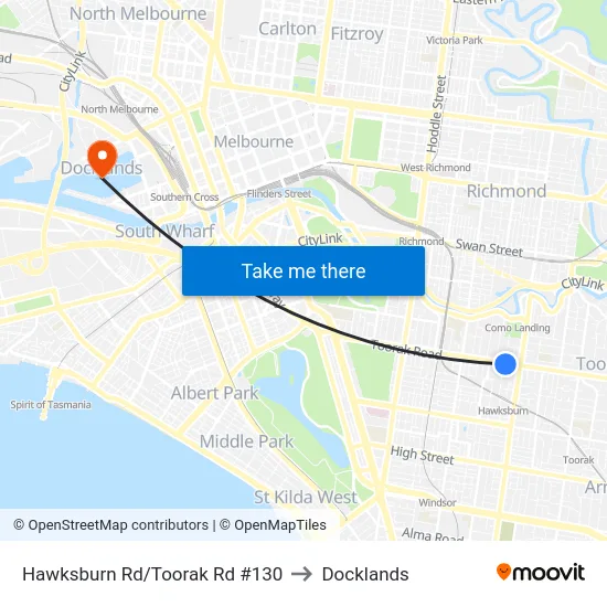 Hawksburn Rd/Toorak Rd #130 to Docklands map