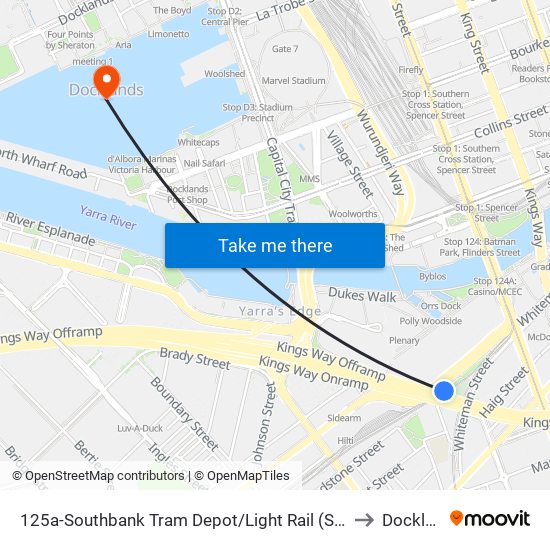 125a-Southbank Tram Depot/Light Rail (South Melbourne) to Docklands map