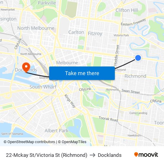 22-Mckay St/Victoria St (Richmond) to Docklands map