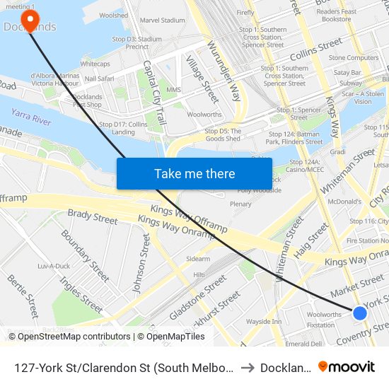 127-York St/Clarendon St (South Melbourne) to Docklands map