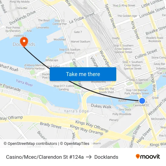 Casino/Mcec/Clarendon St #124a to Docklands map
