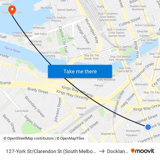 127-York St/Clarendon St (South Melbourne) to Docklands map