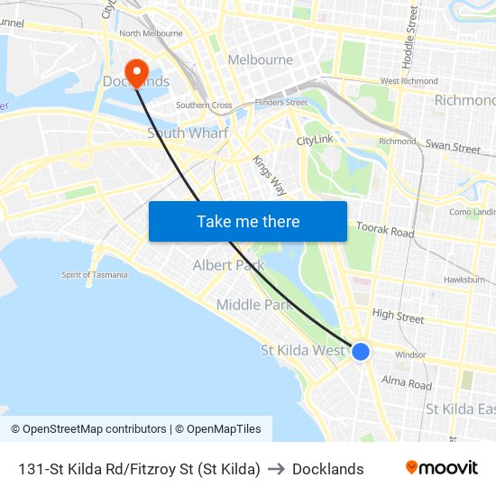 131-St Kilda Rd/Fitzroy St (St Kilda) to Docklands map