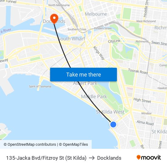 135-Jacka Bvd/Fitzroy St (St Kilda) to Docklands map