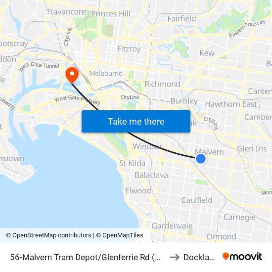 56-Malvern Tram Depot/Glenferrie Rd (Malvern) to Docklands map