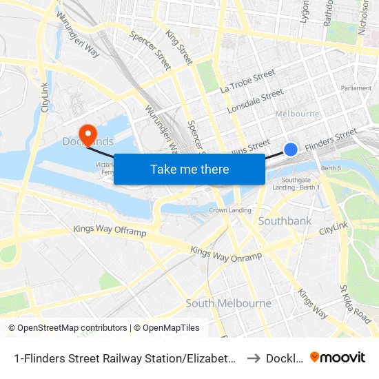 1-Flinders Street Railway Station/Elizabeth St (Melbourne City) to Docklands map