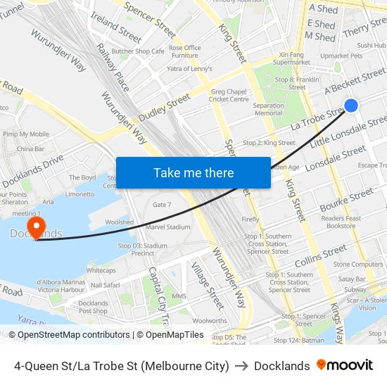 4-Queen St/La Trobe St (Melbourne City) to Docklands map