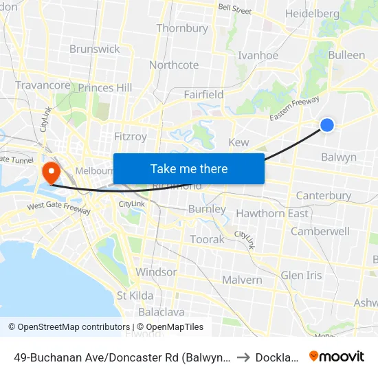 Buchanan Ave/Doncaster Rd #49 to Docklands map