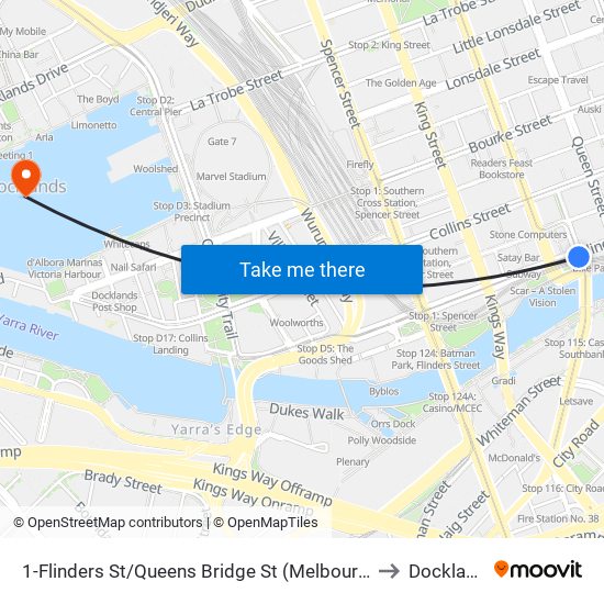 1-Flinders St/Queens Bridge St (Melbourne City) to Docklands map