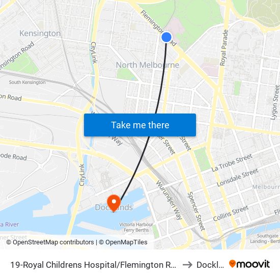 19-Royal Childrens Hospital/Flemington Rd (North Melbourne) to Docklands map