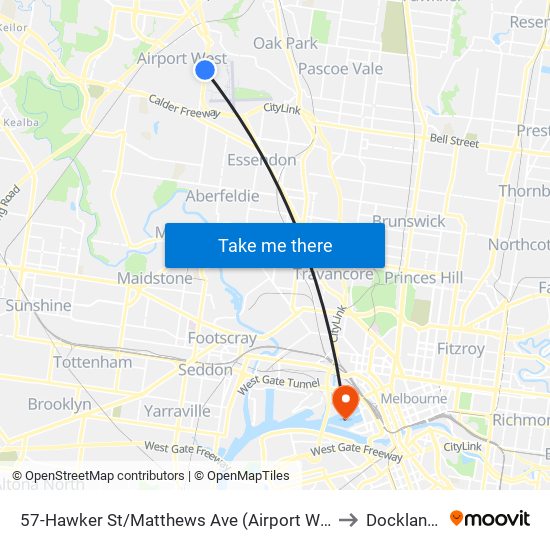 57-Hawker St/Matthews Ave (Airport West) to Docklands map