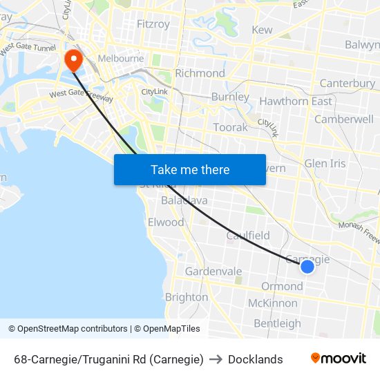 68-Carnegie/Truganini Rd (Carnegie) to Docklands map