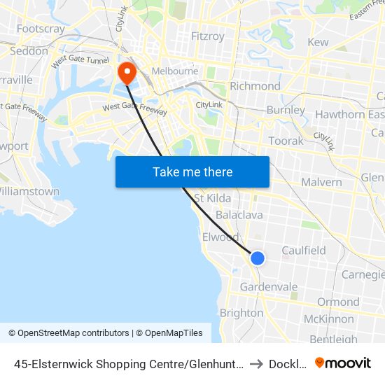 45-Elsternwick Shopping Centre/Glenhuntly Rd (Elsternwick) to Docklands map