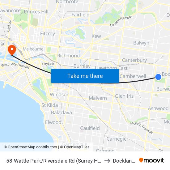 58-Wattle Park/Riversdale Rd (Surrey Hills) to Docklands map