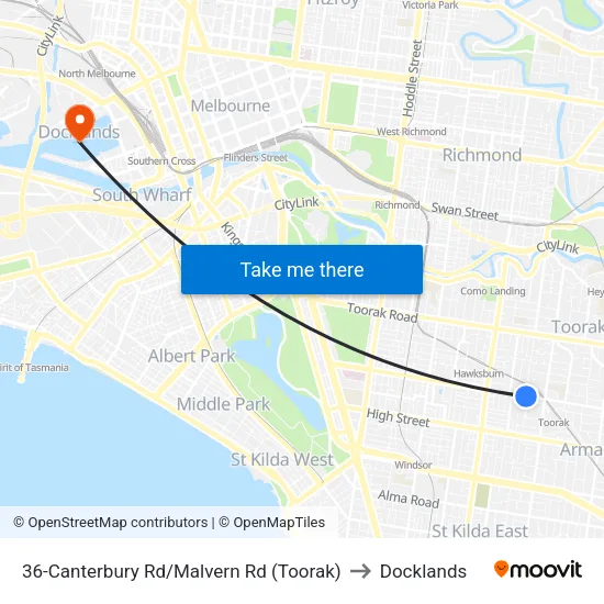Canterbury Rd/Malvern Rd #36 to Docklands map
