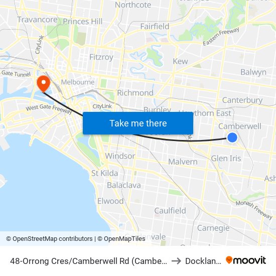 48-Orrong Cres/Camberwell Rd (Camberwell) to Docklands map