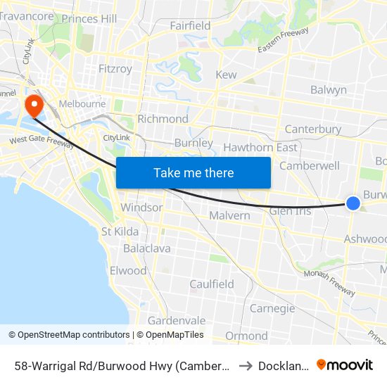 58-Warrigal Rd/Burwood Hwy (Camberwell) to Docklands map