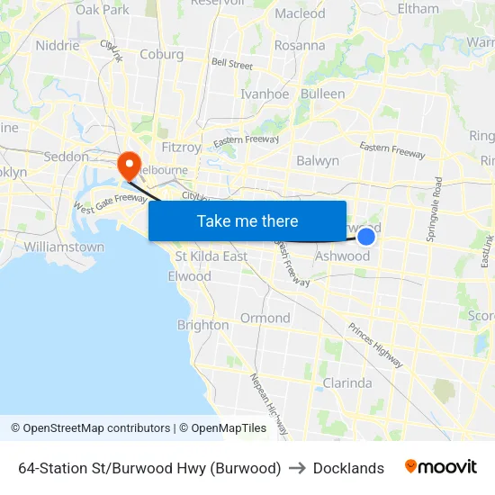 Station St/Burwood Hwy #64 to Docklands map