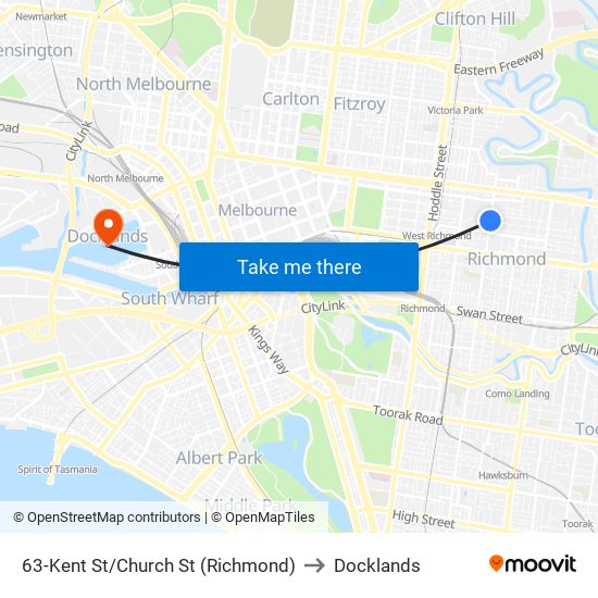 63-Kent St/Church St (Richmond) to Docklands map