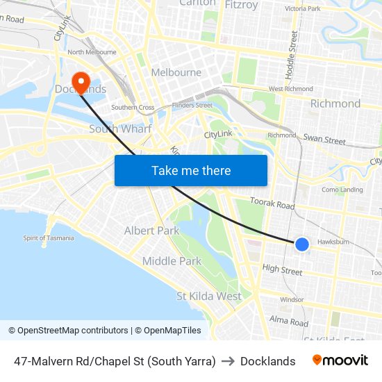 47-Malvern Rd/Chapel St (South Yarra) to Docklands map