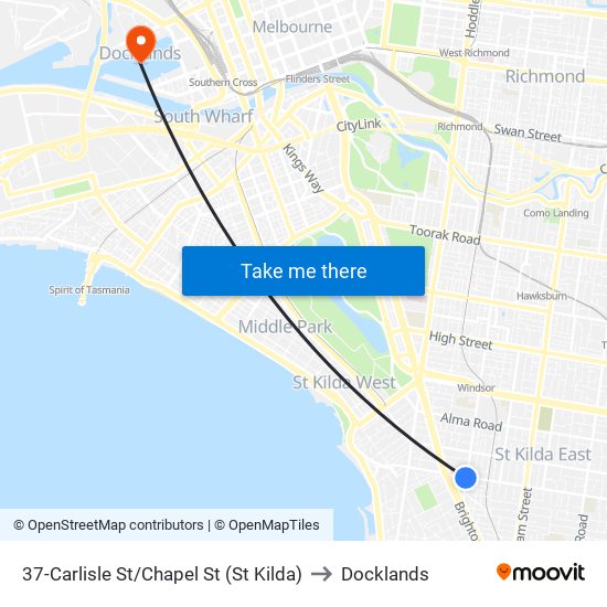 37-Carlisle St/Chapel St (St Kilda) to Docklands map