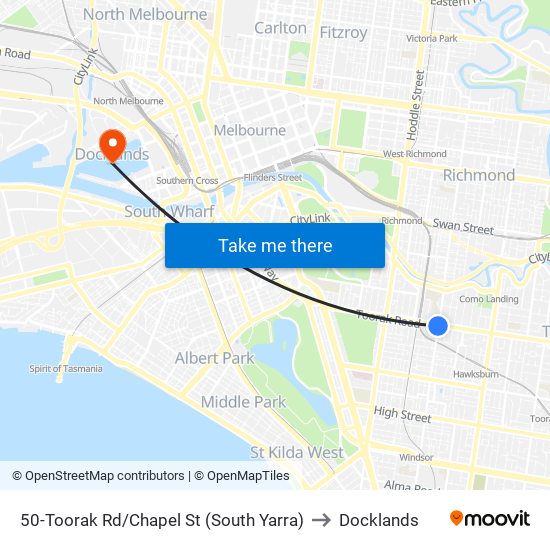 50-Toorak Rd/Chapel St (South Yarra) to Docklands map
