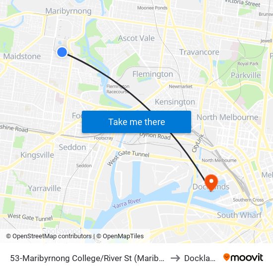 53-Maribyrnong College/River St (Maribyrnong) to Docklands map