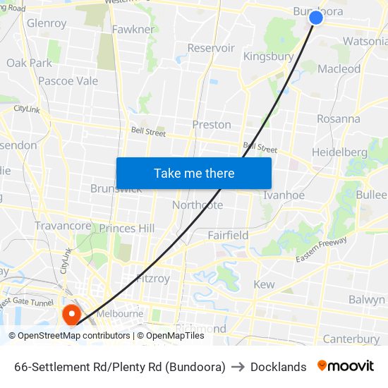 66-Settlement Rd/Plenty Rd (Bundoora) to Docklands map