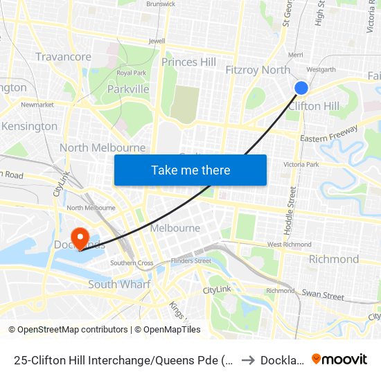 25-Clifton Hill Interchange/Queens Pde (Clifton Hill) to Docklands map