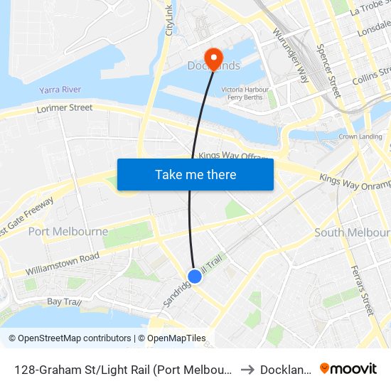 128-Graham St/Light Rail (Port Melbourne) to Docklands map