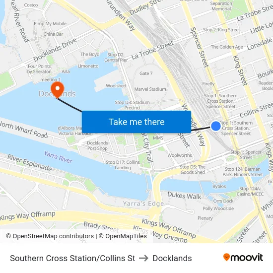 Southern Cross Station/Collins St to Docklands map