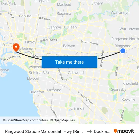 Ringwood Station/Maroondah Hwy to Docklands map
