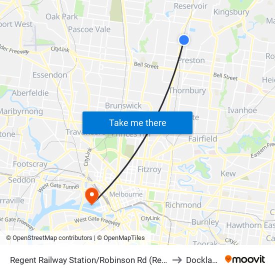 Regent Railway Station/Robinson Rd (Reservoir) to Docklands map