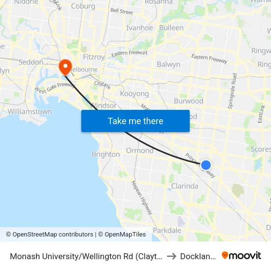 Monash University/Wellington Rd to Docklands map