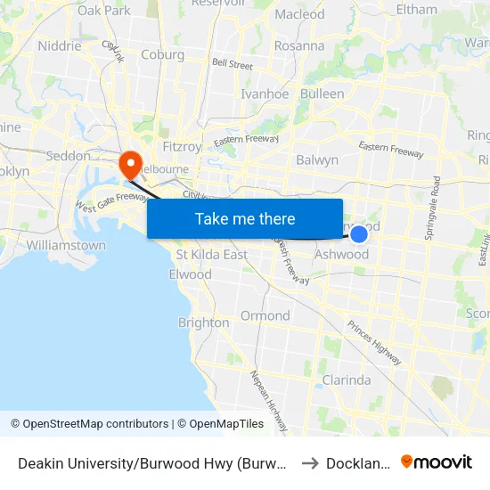 Deakin University/Burwood Hwy to Docklands map