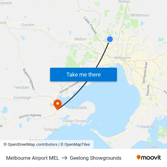 Melbourne Airport MEL to Geelong Showgrounds map