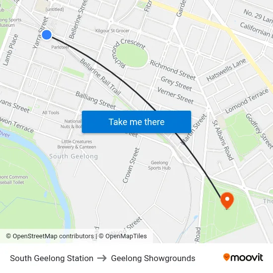 South Geelong Station to Geelong Showgrounds map