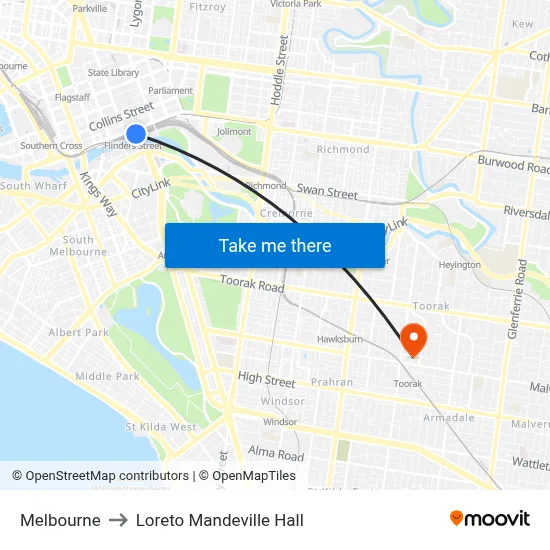 Melbourne to Loreto Mandeville Hall map
