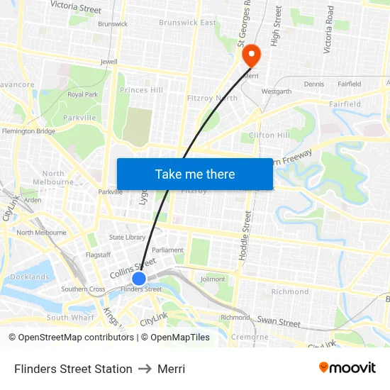 Flinders Street Station to Merri map