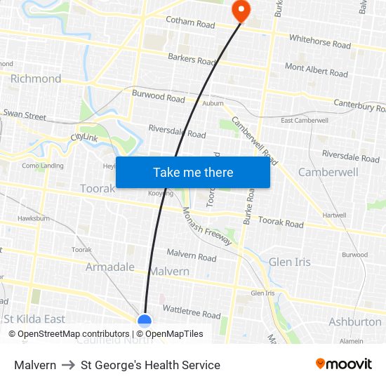 Malvern to St George's Health Service map