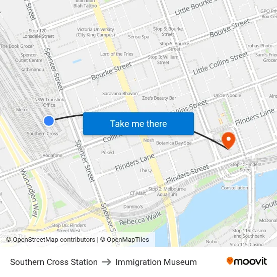 Southern Cross Station to Immigration Museum map