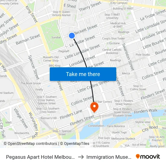 Pegasus Apart Hotel Melbourne to Immigration Museum map